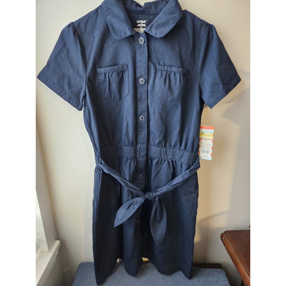 Cat & Jack Girls Uniform Dress Size 16 Navy Short Sleeve Button Front Belted NWT